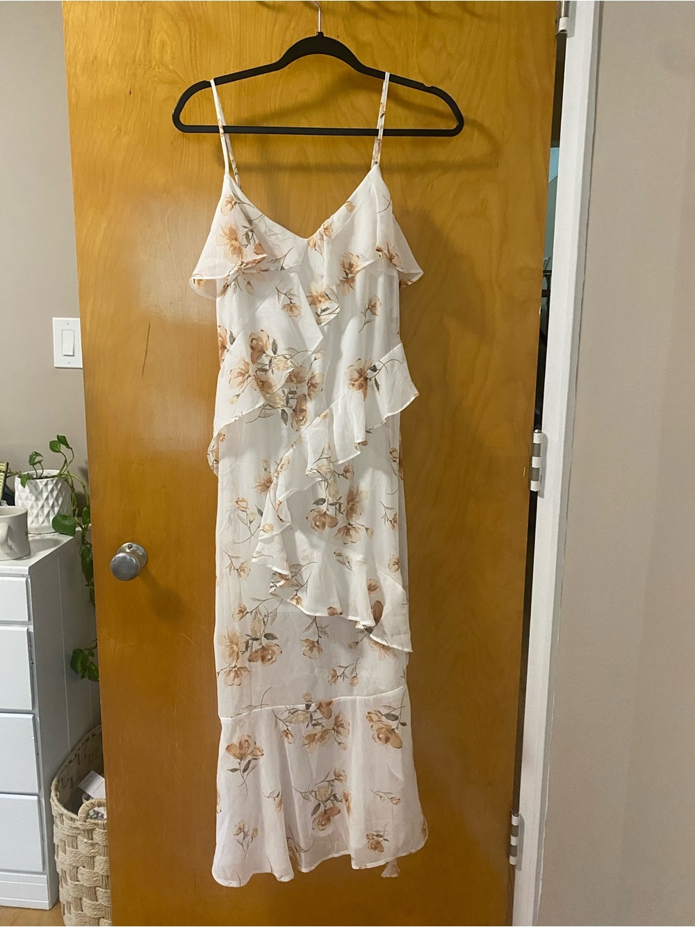 Blu Pepper White Maxi Dress with Peach Floral Ruffle Detail